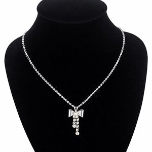 Silver Tone Bow Pendant Necklace w/ Crystal & Pearl Dangle Bow